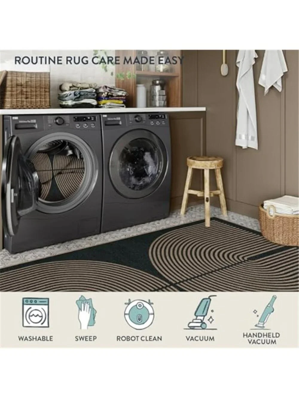 Modern Rainbow Easy Jute Outdoor Patio Rug, 3x5 ft Black Washable Rugs